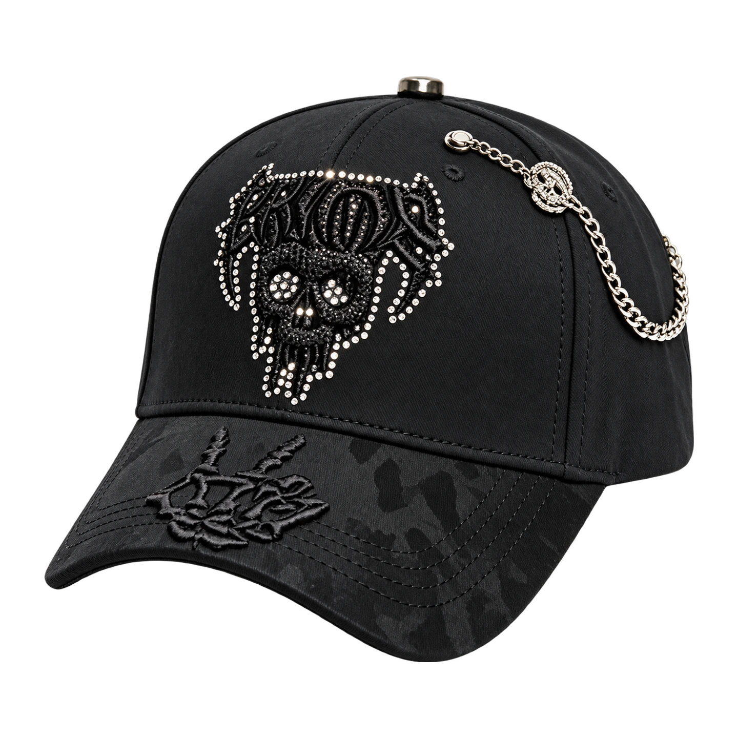 Gorra Calavera Cadena Negra, negro · plata